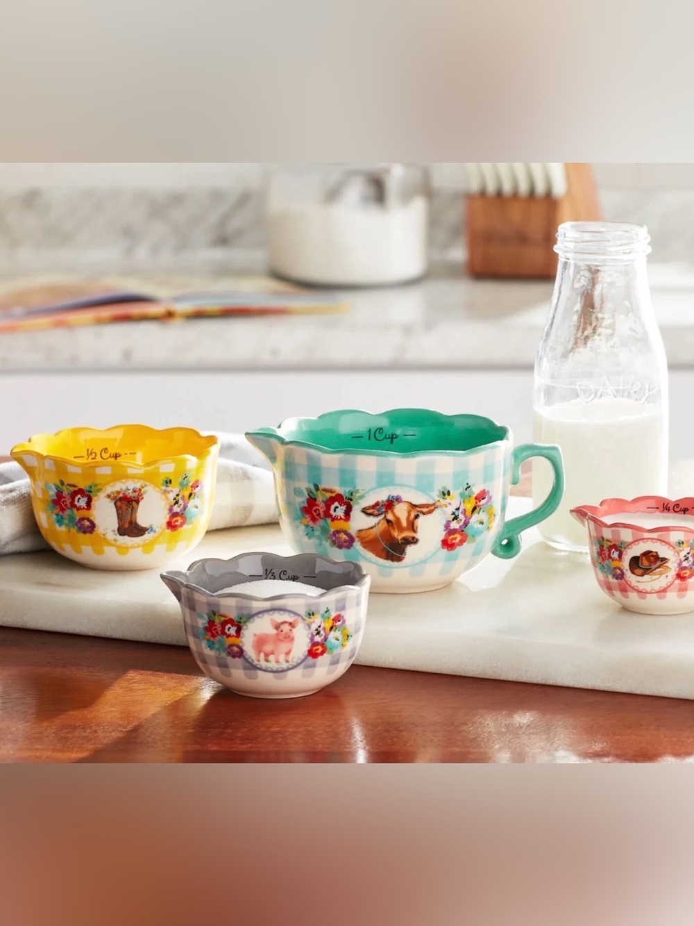 Pioneer Woman Measuring Cups Sweet Romance Blossoms 4Pc Ceramic Bowl Set Gingham